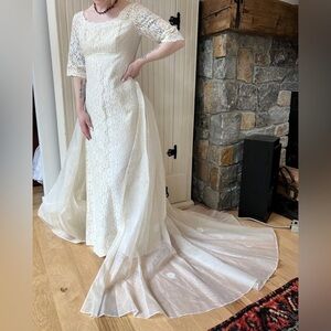 Adeline of California 60’s Bridgerton Regency Vintage lace Wedding Dress & train